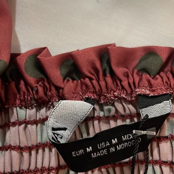 NWT Zara Satin Burgundy Red & Green Polka Dot Smocked Puff Sleeve Top in size M - Picture 8 of 10